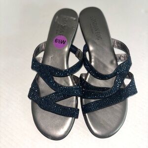 London Fog Wedge Sandals Navy Blue Shimmer Women’s size 6.5W. NEW‎